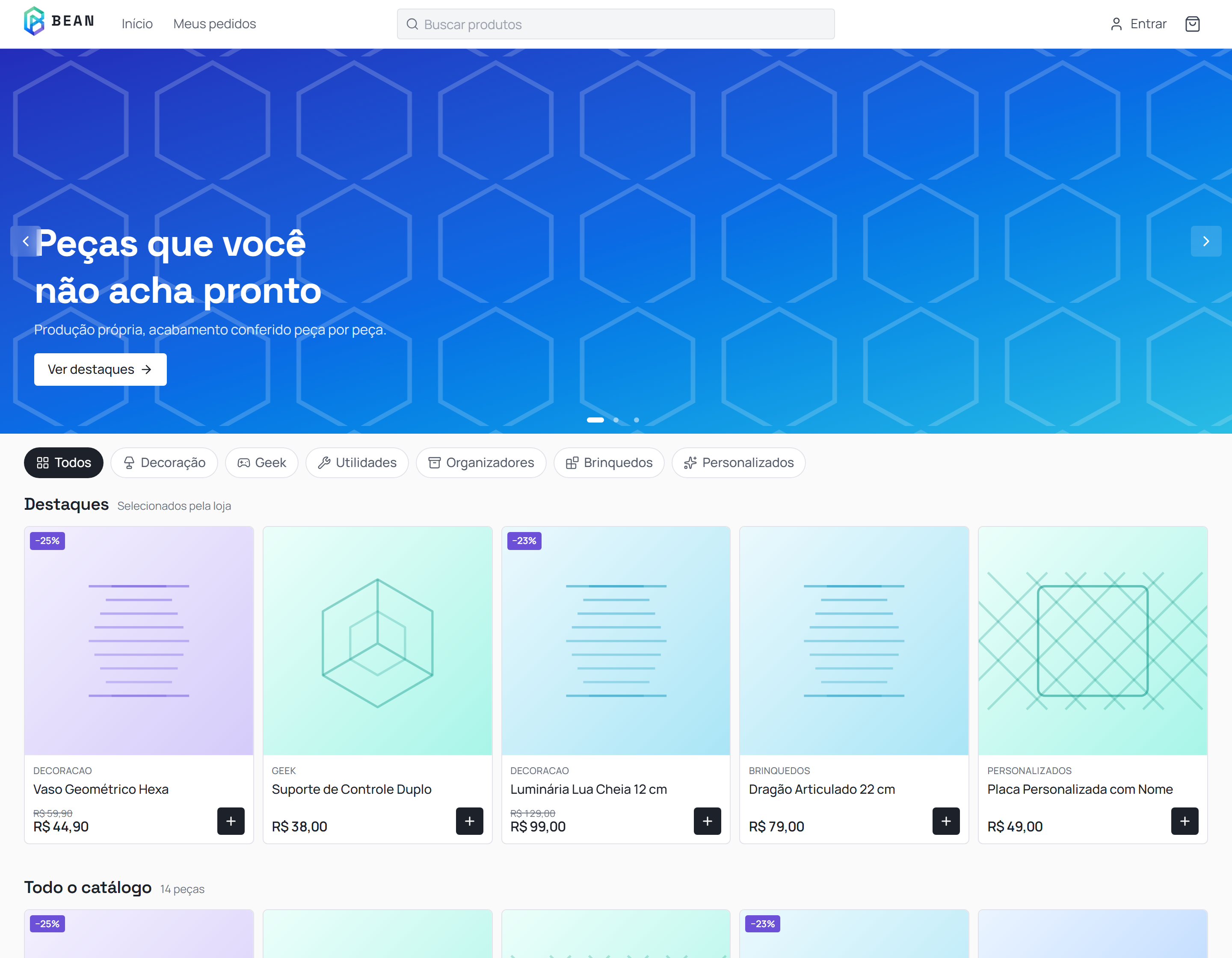 Página inicial da loja Bean 3D, com banner de destaque e catálogo de peças impressas em 3D