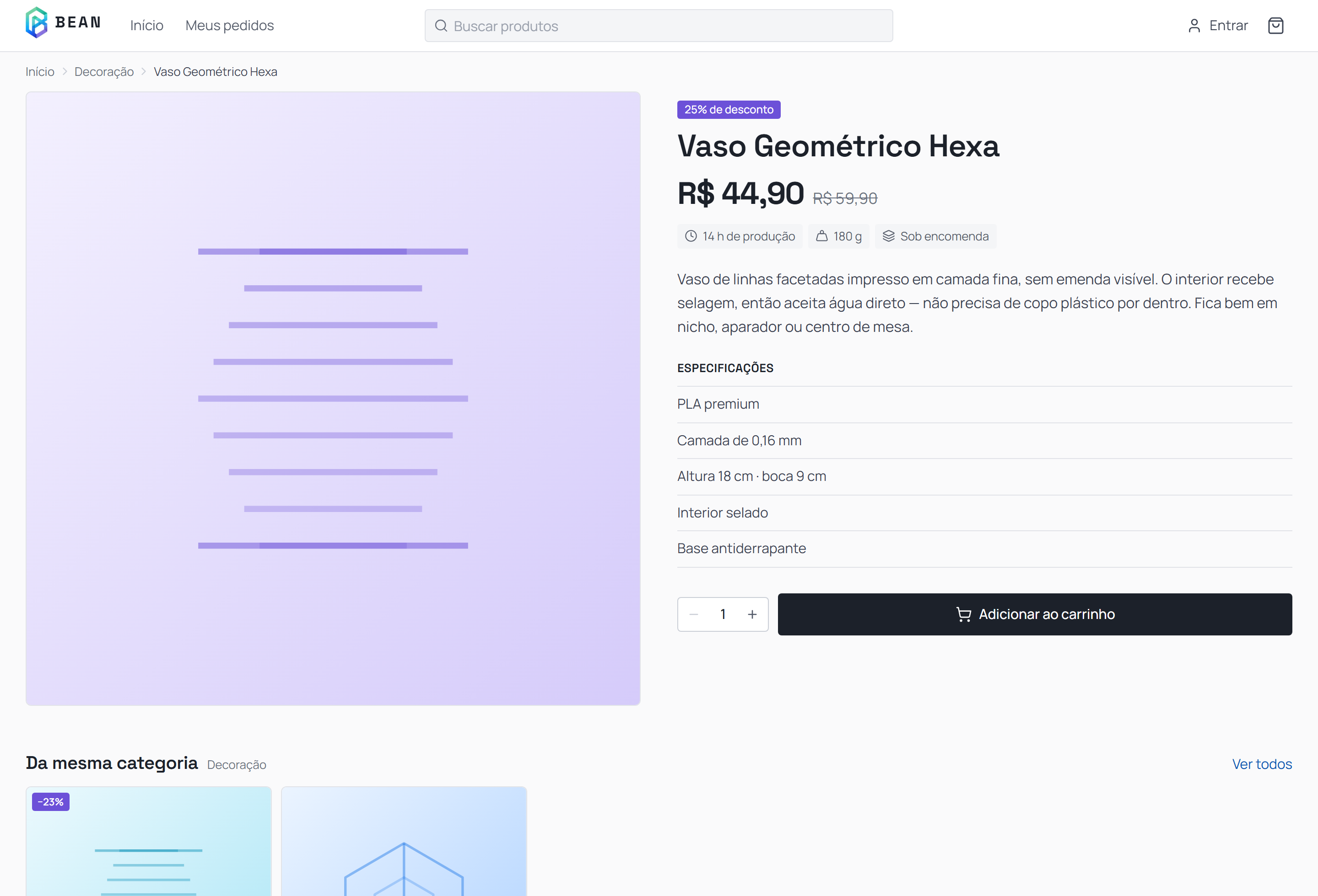 Página de produto da Bean 3D com preço, especificações da peça e botão de adicionar ao carrinho