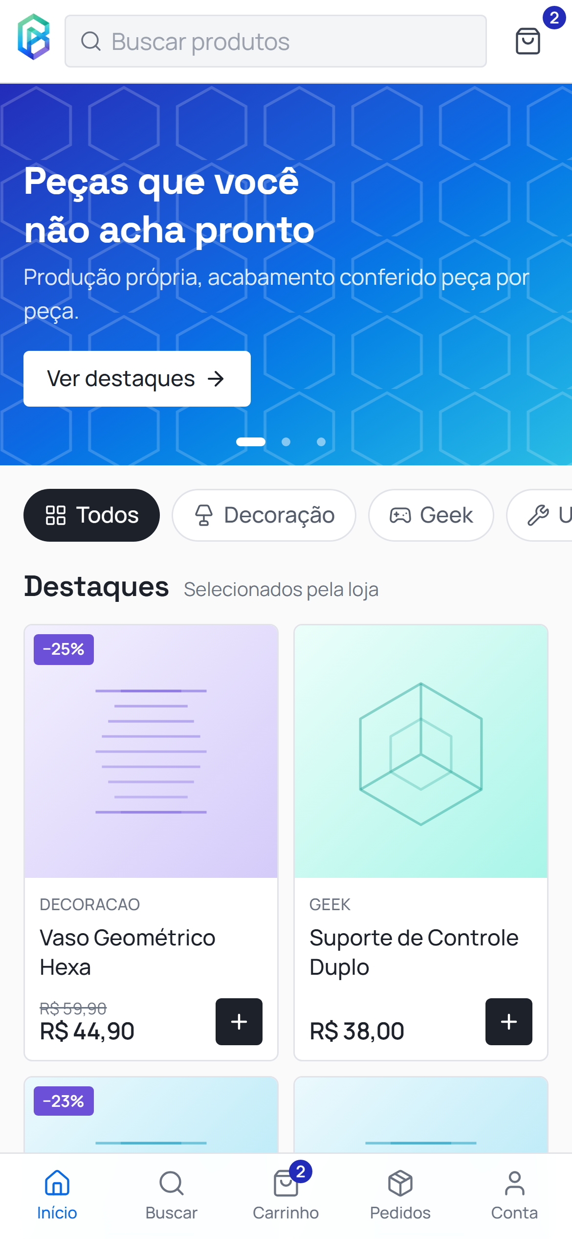 Loja Bean 3D no celular, com menu de navegação fixo na parte de baixo